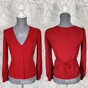 Babaton Red Button Front Tie Back V-Neck Blouse Career Feminine